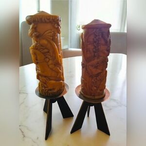 (2) Vintage Handcarved Folk Art Pillar Candles w/Stands - Black Forest, Germany